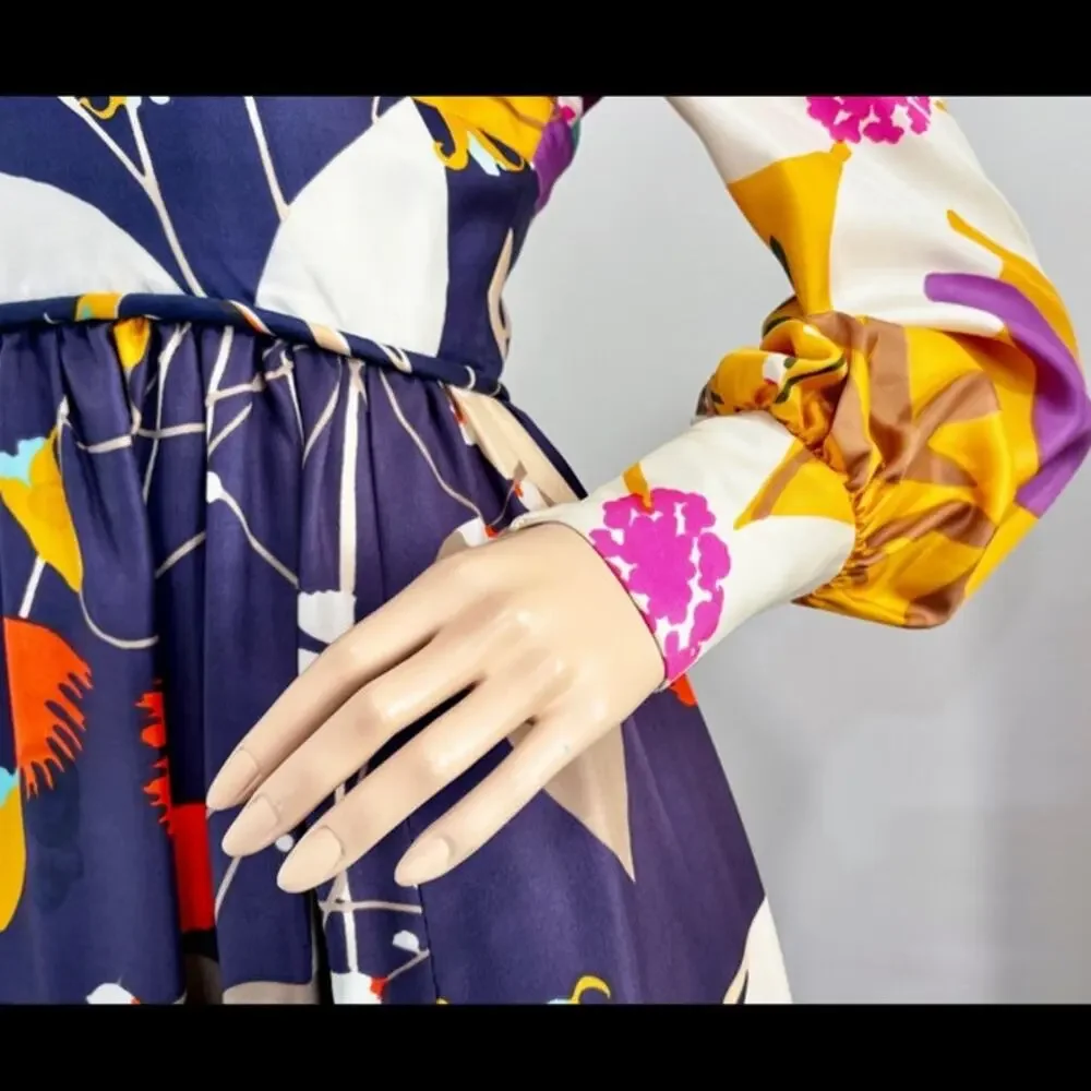 Vintage 60s Flower Power Multi-Color Rayon Long Sleeve Dress S festival - Picture 4 of 9